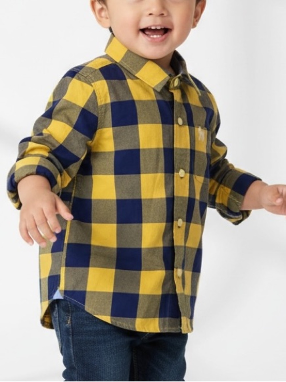 Mini Boden yellow and navy blue buffalo check button-down shirt